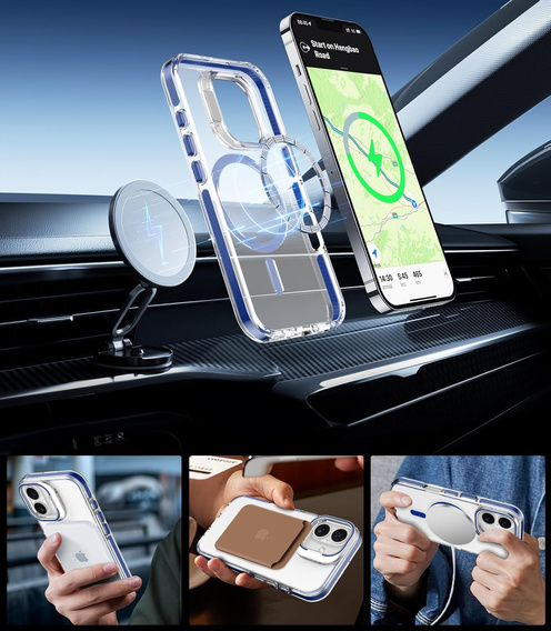 Case for iPhone 17, for MagSafe, with stand, transparent with dark blue inserts