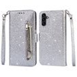 Flip case for Samsung Galaxy A35 5G, Wallet Zipper Pocket Glittery, silver