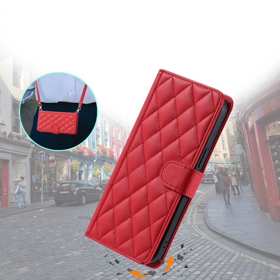 Flip case for iPhone 16 Pro, Rhombus Crossbody Leather, red