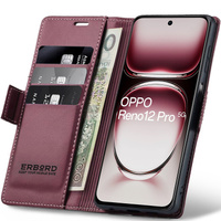 Case for Oppo Reno 12 Pro, ERBORD Glossy Litchi, wallet with flap, red