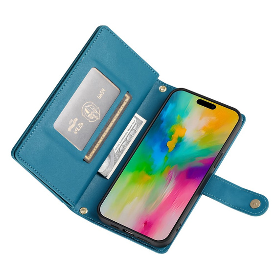 Flip case for iPhone 16 Pro Max, Wallet Zipper Pocket, blue