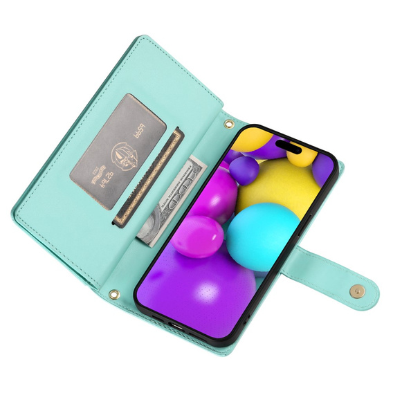 Flip case for iPhone 16 Plus, Wallet Zipper Pocket, green