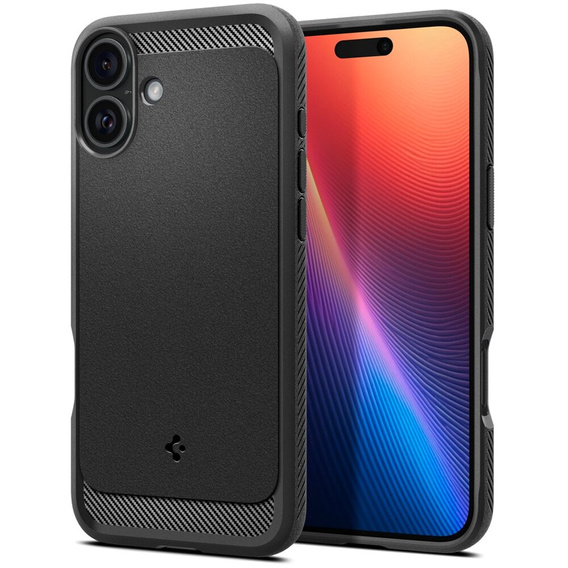 Spigen case for iPhone 16, Rugged Armor MagSafe, black + Tempered Glass 9H