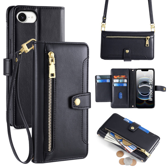 Flip case for iPhone 16E, Wallet Zipper Pocket, black