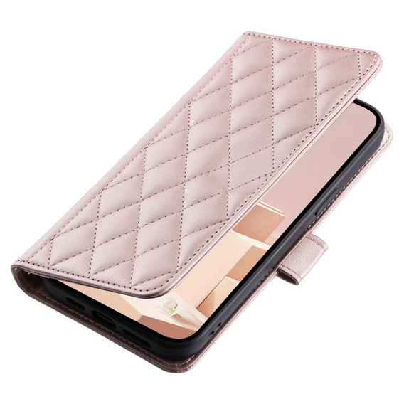 Flip case for iPhone 16 Plus, Rhombus Crossbody Leather, pink rose gold