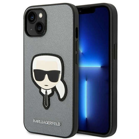 Karl Lagerfeld Case for iPhone 14, Saffiano Karl's Head Patch, silver