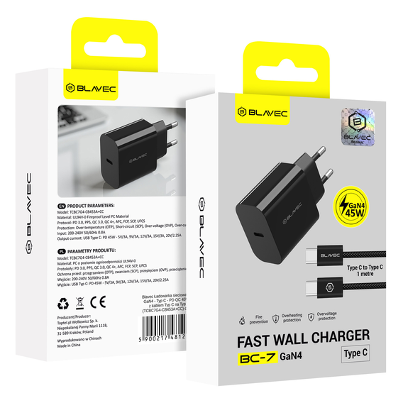 Blavec GaN4 45W USB-C PD/QC mains charger with USB-C - USB-C cable for devices with USB-C: smartphones, tablets and lightweight laptops