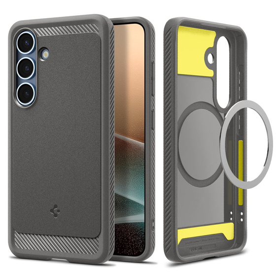 Spigen case for Samsung Galaxy S25, Rugged Armor MagSafe, grey + Tempered Glass 9H