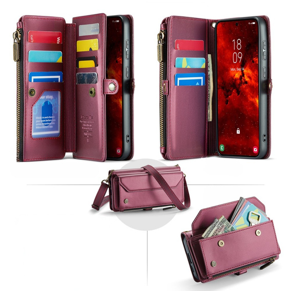 Case CASEME for Samsung Galaxy S24 FE, RFID Leather Wallet, with shoulder strap, red