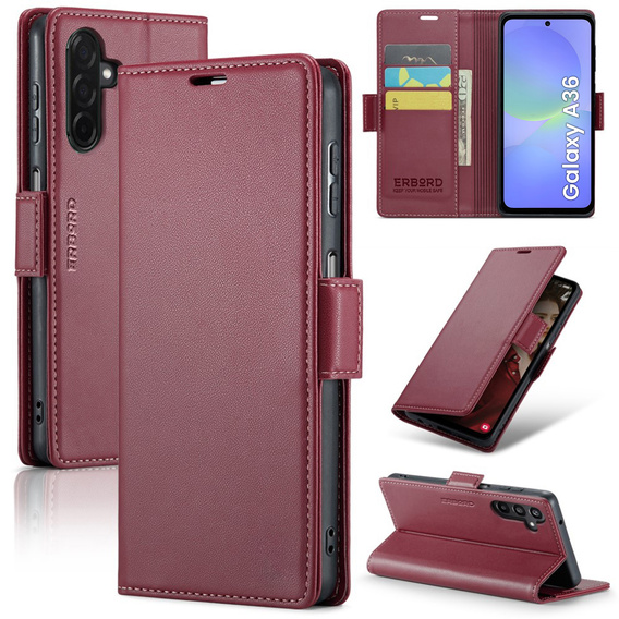 Case for Samsung Galaxy A36, ERBORD Glossy Litchi, wallet with flap, red