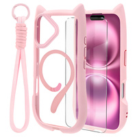 Case for iPhone 16, for MagSafe, Cute Cat, pink + Screen Glass