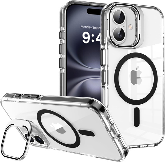 Case for iPhone 17, for MagSafe, with stand, transparent with black inserts