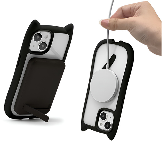 Case for iPhone 15, for MagSafe, Cute Cat, black + Screen Glass
