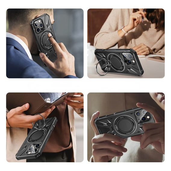 Case for iPhone 16 Pro, armored with stand and handle plate, black