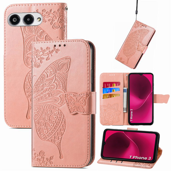 Flip case for T Phone 3 5G, Butterfly, pink rose gold