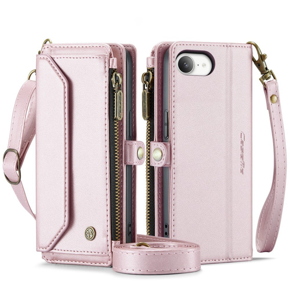 Case CASEME for iPhone16E, RFID Leather Wallet, with shoulder strap, pink