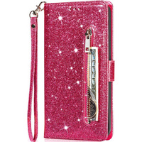 Flip case for Samsung Galaxy A55, Wallet Zipper Pocket Glittery, pink