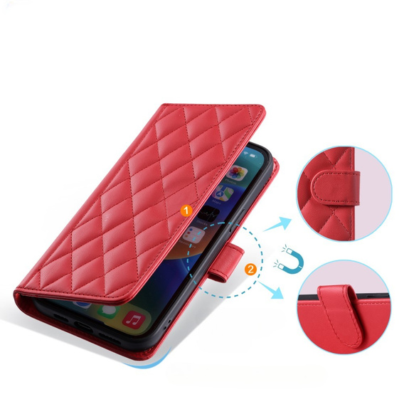 Flip case for iPhone 16 Pro Max, Rhombus Crossbody Leather, red
