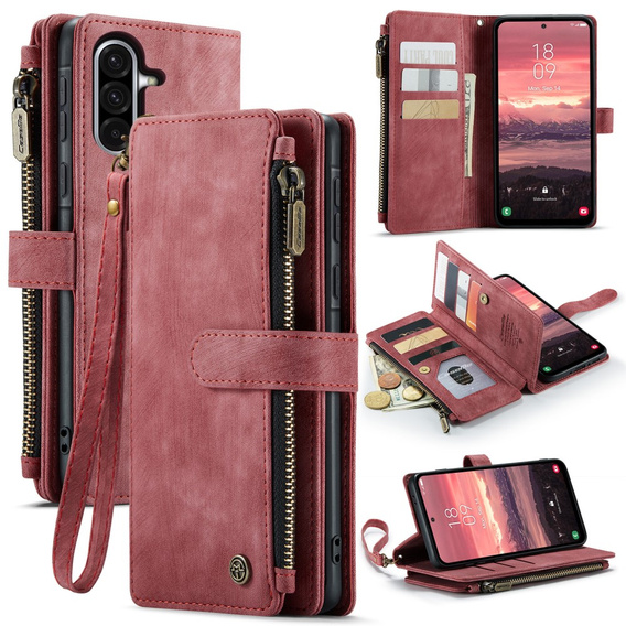 CASEME case for Samsung Galaxy A56 5G, Leather Wallet Cash and Card Slots, with strap, red