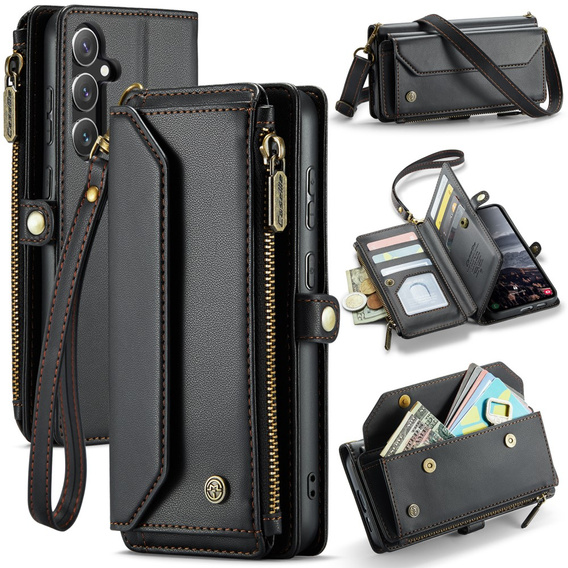 Case CASEME for Samsung Galaxy S24 FE, RFID Leather Wallet, with shoulder strap, black