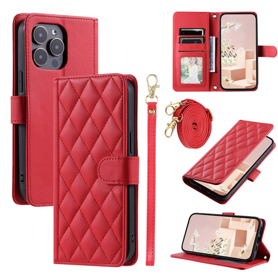 Flip case for iPhone 16 Pro Max, Rhombus Crossbody Leather, red