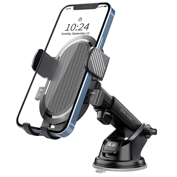 Car windshield mount with adjustment and automatic clamping for smartphones from 6 to 8.5 cm wide