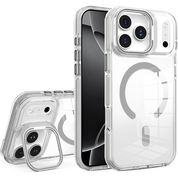 Case for iPhone 17 Pro Max, for MagSafe, with stand, transparent with grey inserts