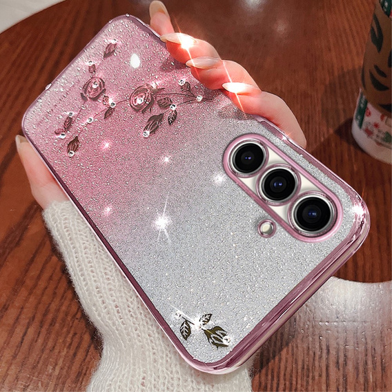 Case for Samsung Galaxy A54, Glitter Flower, pink rose gold