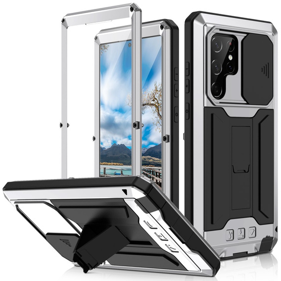 Armored case for Samsung Galaxy S22 Ultra, R-JUST CamShield Slide, silver