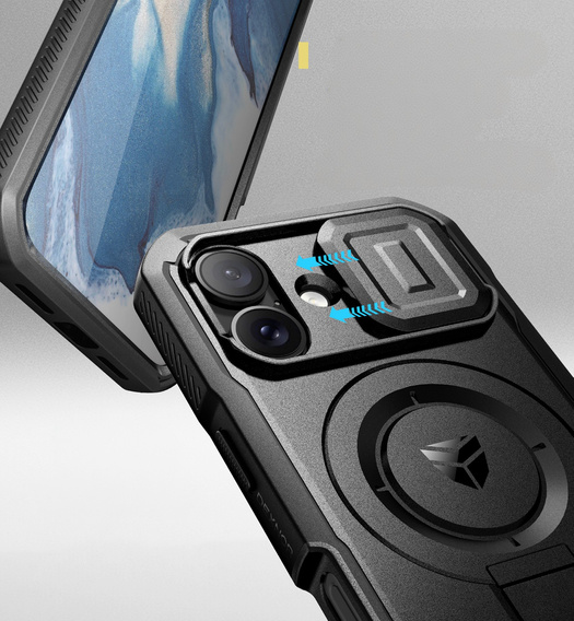 Armored case for iPhone 16, Dexnor CamProtect MagSafe, black (Two frames)