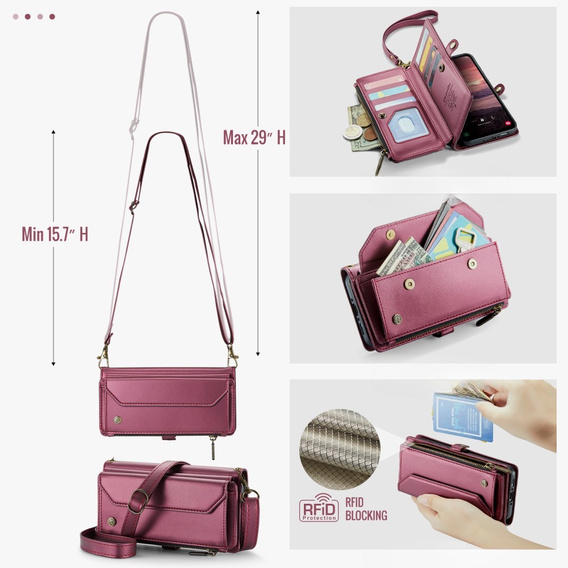 Case CASEME for Samsung Galaxy A56 5G, RFID Leather Wallet, with shoulder strap, red