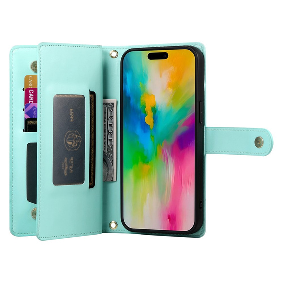 Flip case for iPhone 16 Pro, Wallet Zipper Pocket, green