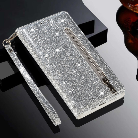 Flip case for Samsung Galaxy A36 5G, Wallet Zipper Pocket Glittery, silver