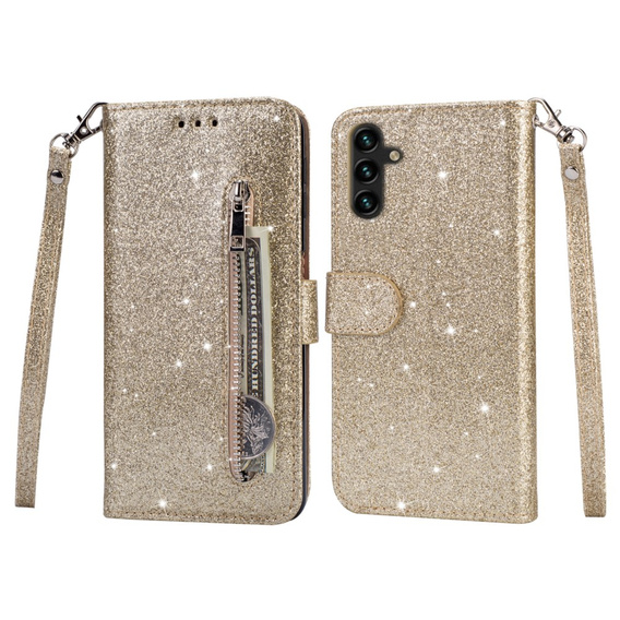 Flip case for Samsung Galaxy A35 5G, Wallet Zipper Pocket Glittery, gold