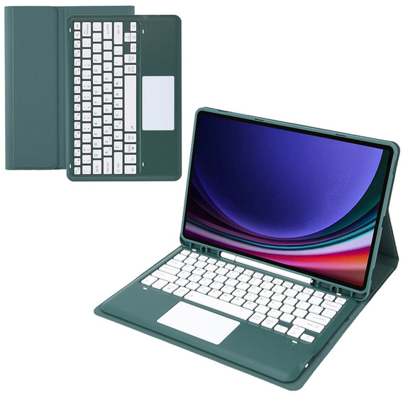 Case + keyboard Samsung Galaxy Tab S9+, Leather Pen Slot TouchPad, dark green
