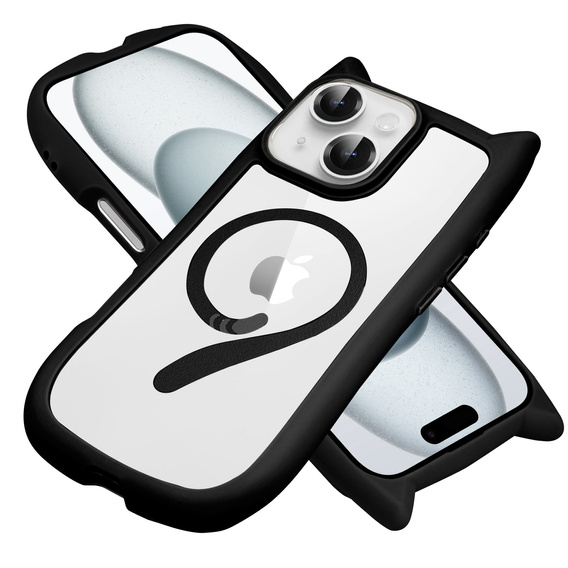 Case for iPhone 15, for MagSafe, Cute Cat, black + Screen Glass
