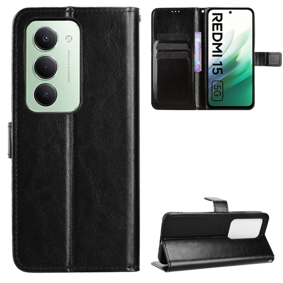 Flap case for Xiaomi Redmi 15 5G / 4G, textured Crazy Horse, black