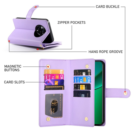 Flip case for Realme 14 Pro 5G, Wallet Zipper Pocket, purple