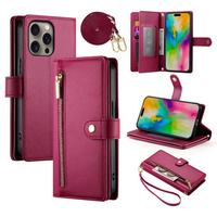 Flip case for iPhone 16 Pro, Wallet Zipper Pocket, red
