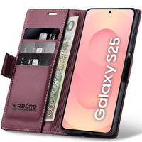 Case for Samsung Galaxy S25, ERBORD Glossy Litchi, wallet with flap, red