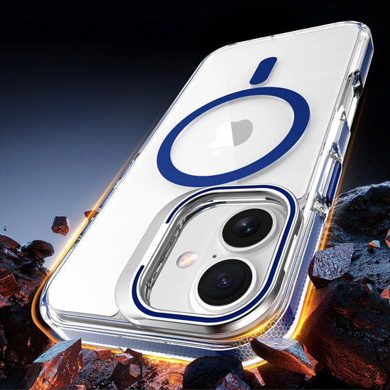 Case for iPhone 17, for MagSafe, with stand, transparent with dark blue inserts