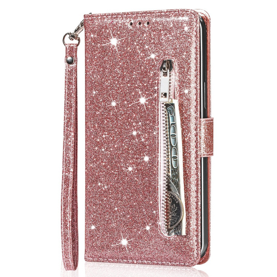Flip case for Samsung Galaxy A35 5G, Wallet Zipper Pocket Glittery, pink rose gold