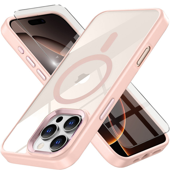 Case for iPhone 16 Pro Max, for MagSafe, ERBORD Matt Case, transparent / pink + Screen Glass
