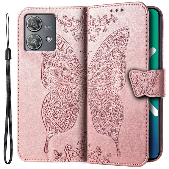 Flip case for Motorola Edge 40 Neo, Butterfly, pink rose gold