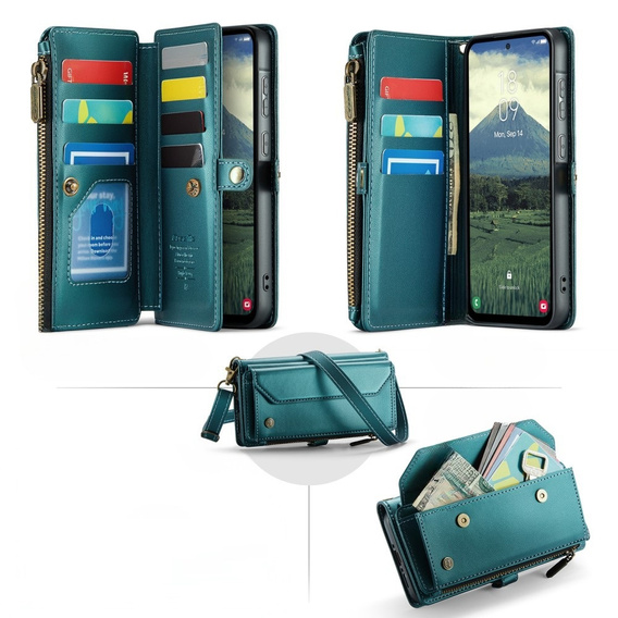 Case CASEME for Samsung Galaxy A56 5G, RFID Leather Wallet, with shoulder strap, green