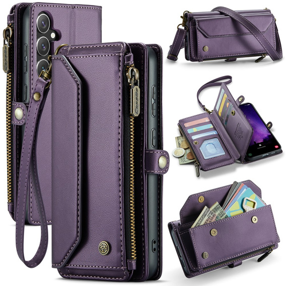 Case CASEME for Samsung Galaxy S24 FE, RFID Leather Wallet, with shoulder strap, purple