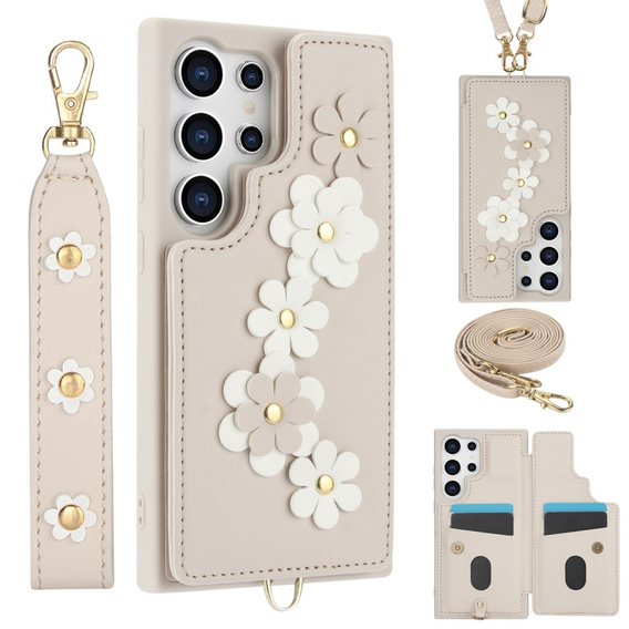 Case for Samsung Galaxy S24 Ultra, Leather Flower Card Slot, beige