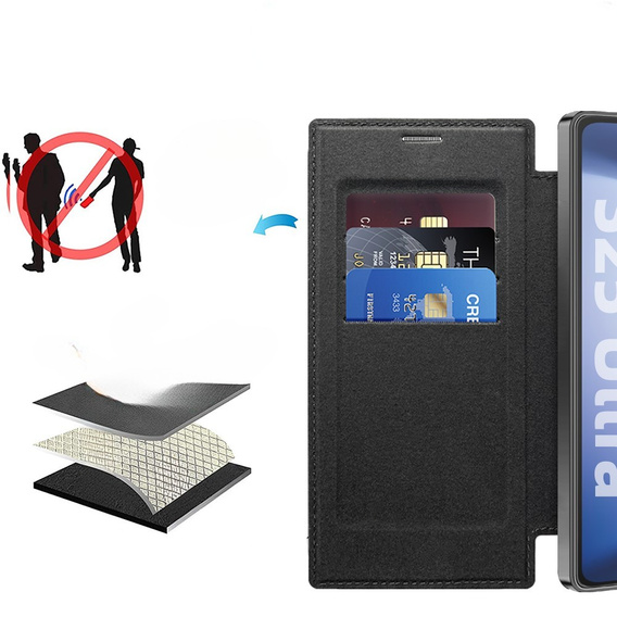 Flip case for Samsung Galaxy S25 Ultra, RFID Rhombus Wallet MagSafe CamShield, black