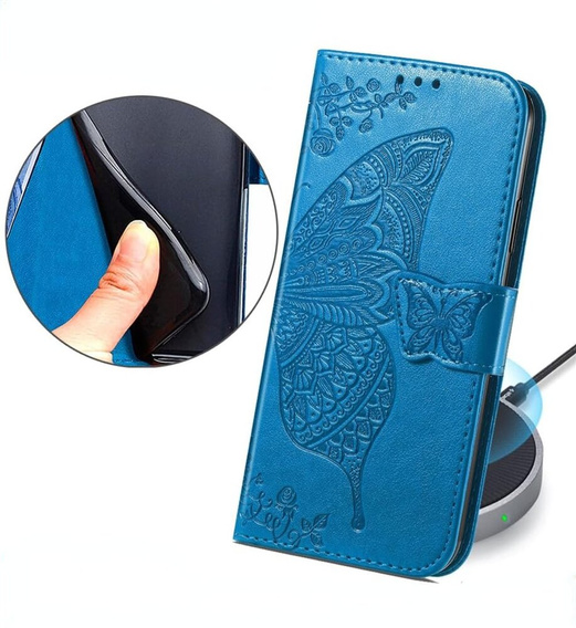 Flip case for Samsung Galaxy M55 5G, Butterfly, blue