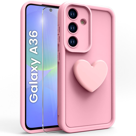 Case for Samsung Galaxy A36, Silicone Heart, pink + 9H tempered glass